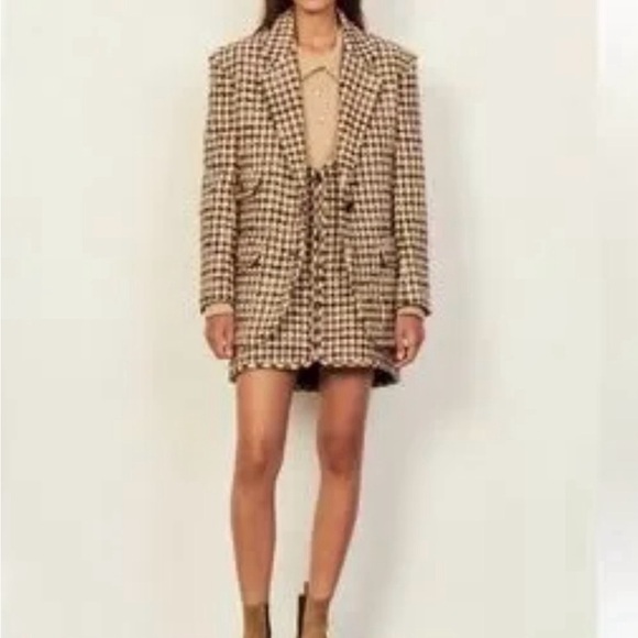 NWT SANDRO Esther Houndstooth Tweed Blazer Jacket Brown Tan sz 38 sz 8 reg $640 - Picture 7 of 15